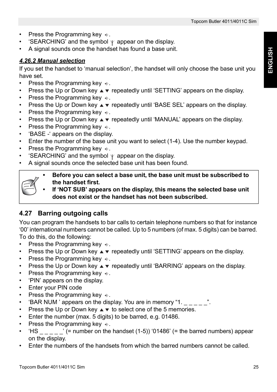 Topcom 4011C SIM, 4011 SIM manual Barring outgoing calls, Manual selection 