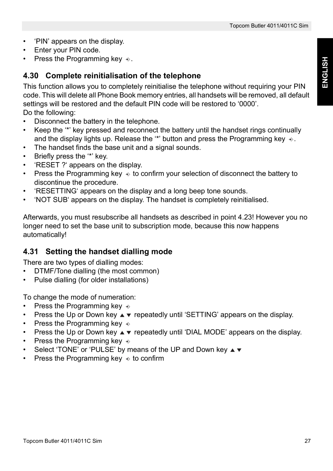 Topcom 4011C SIM, 4011 SIM manual Complete reinitialisation of the telephone, Setting the handset dialling mode 