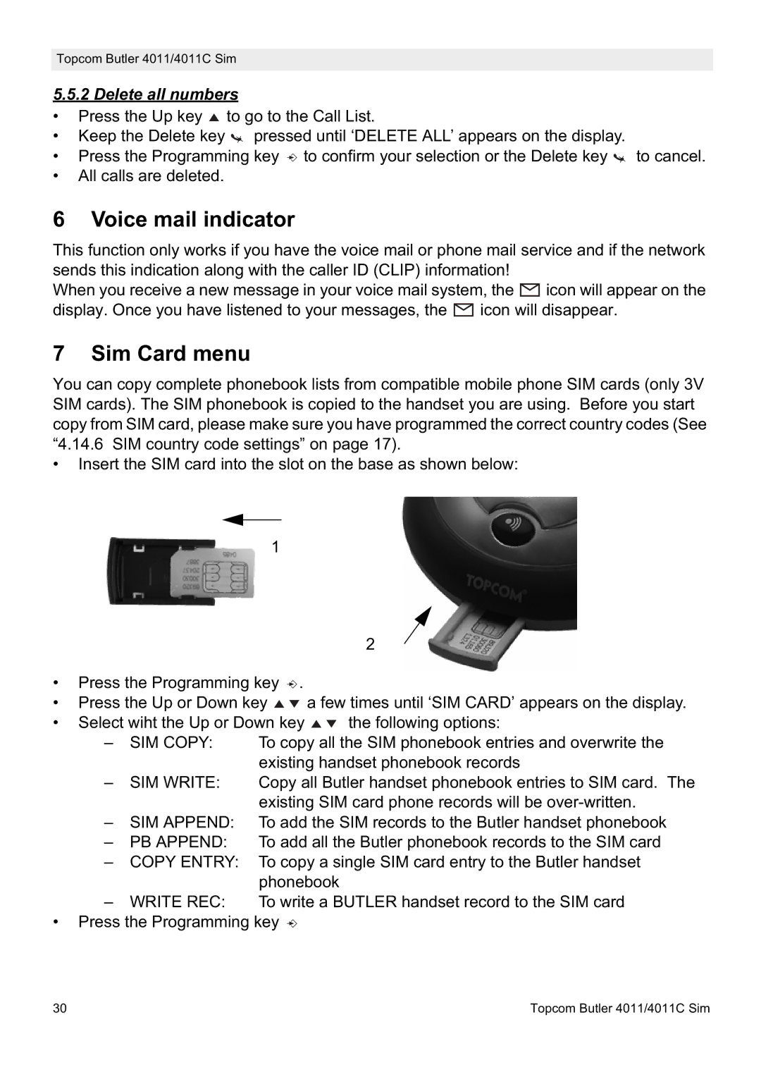 Topcom 4011 SIM, 4011C SIM manual Voice mail indicator, Sim Card menu, Delete all numbers 