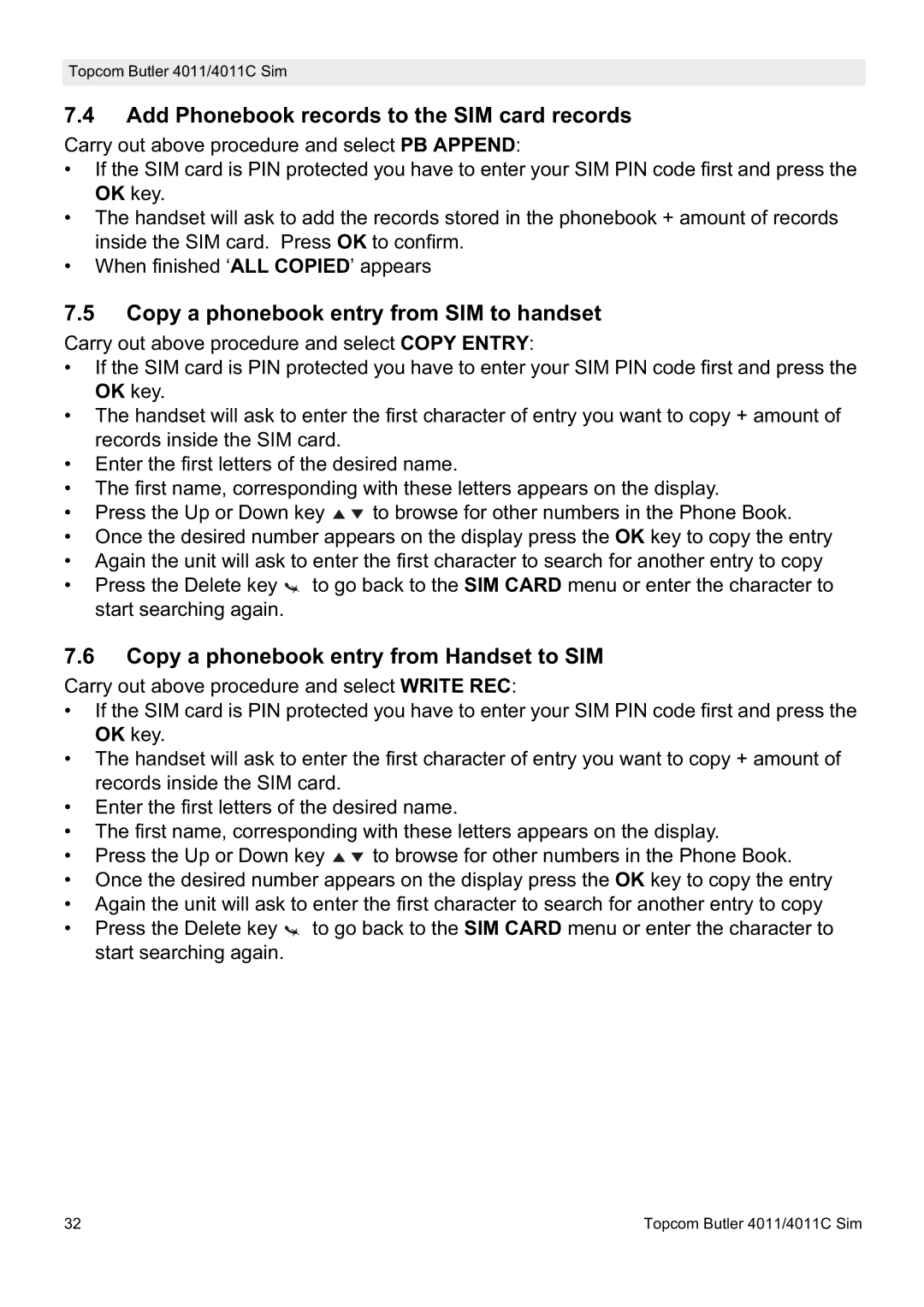 Topcom 4011 SIM, 4011C SIM manual Add Phonebook records to the SIM card records, Copy a phonebook entry from SIM to handset 