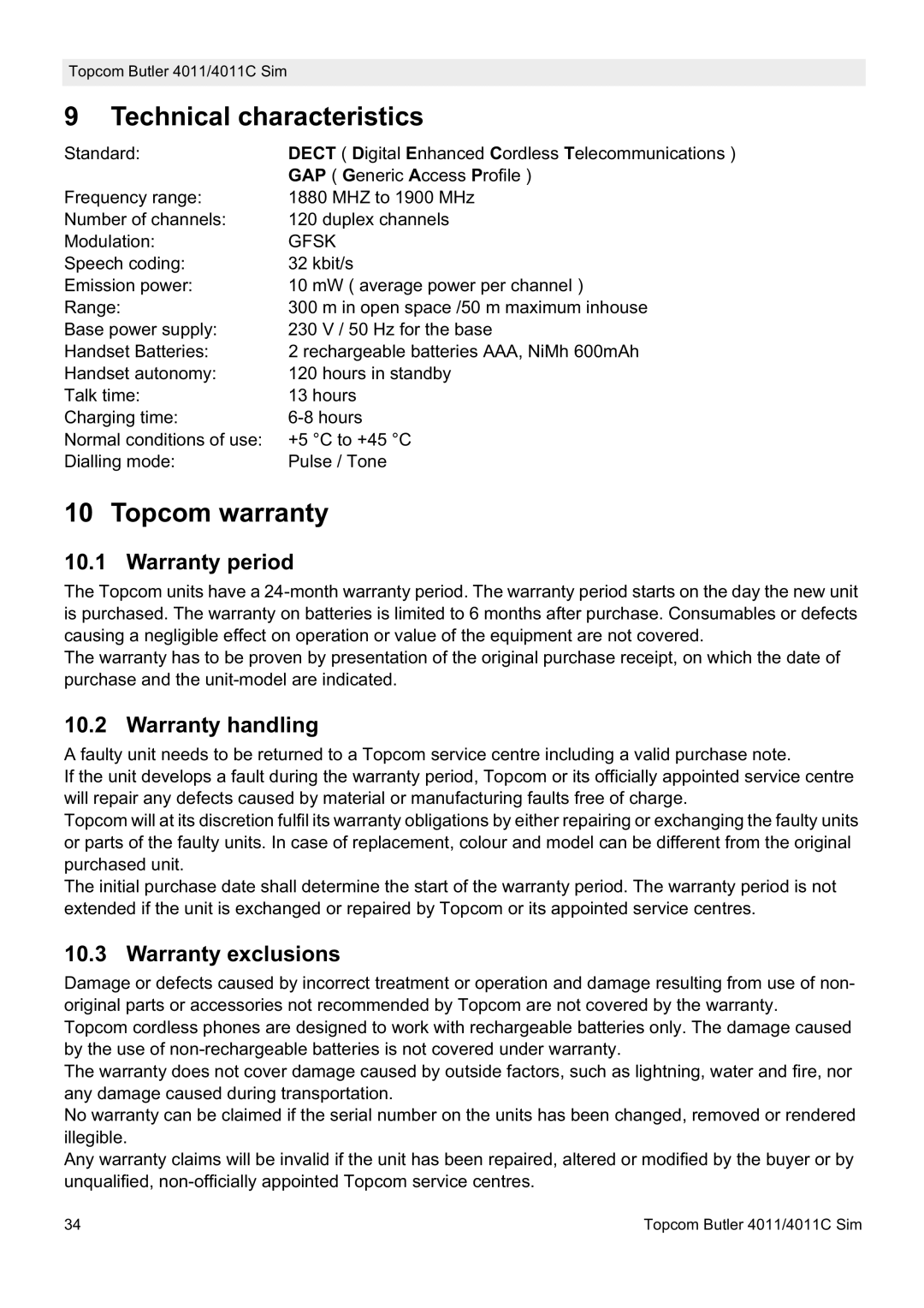 Topcom 4011 SIM manual Technical characteristics, Topcom warranty, Warranty period, Warranty handling, Warranty exclusions 