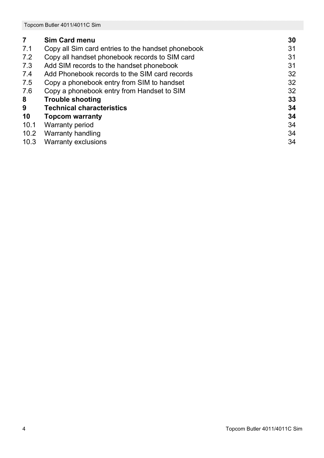 Topcom 4011 SIM, 4011C SIM manual Sim Card menu 