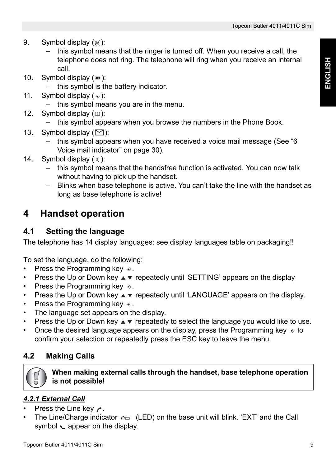 Topcom 4011C SIM, 4011 SIM manual Handset operation, Setting the language, Making Calls, External Call 