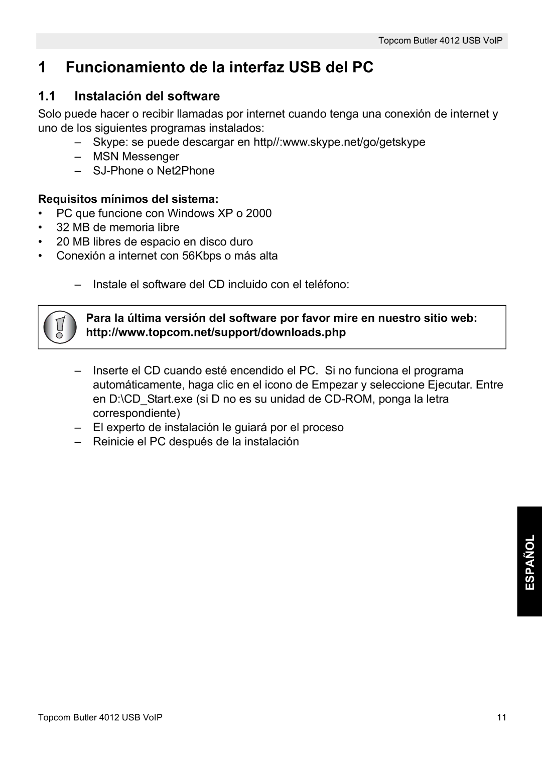 Topcom 4012 Funcionamiento de la interfaz USB del PC, Instalación del software, Requisitos mínimos del sistema, Español 