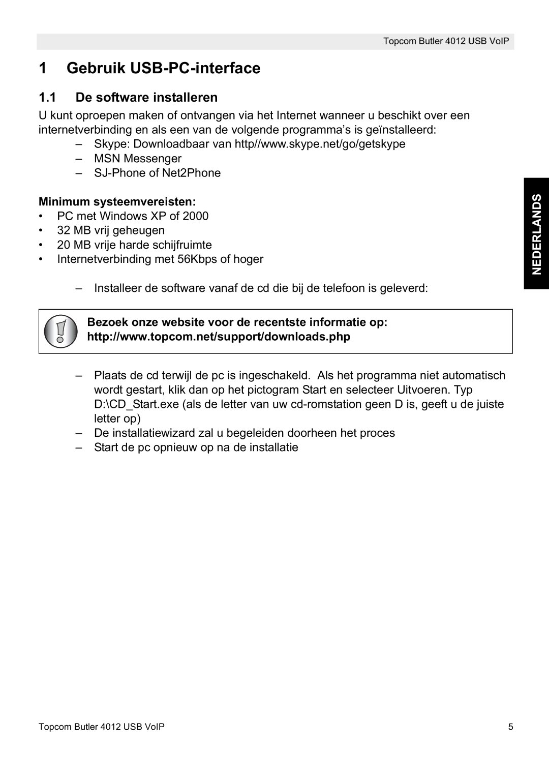 Topcom 4012 manual Gebruik USB-PC-interface, De software installeren, Minimum systeemvereisten, Nederlands 