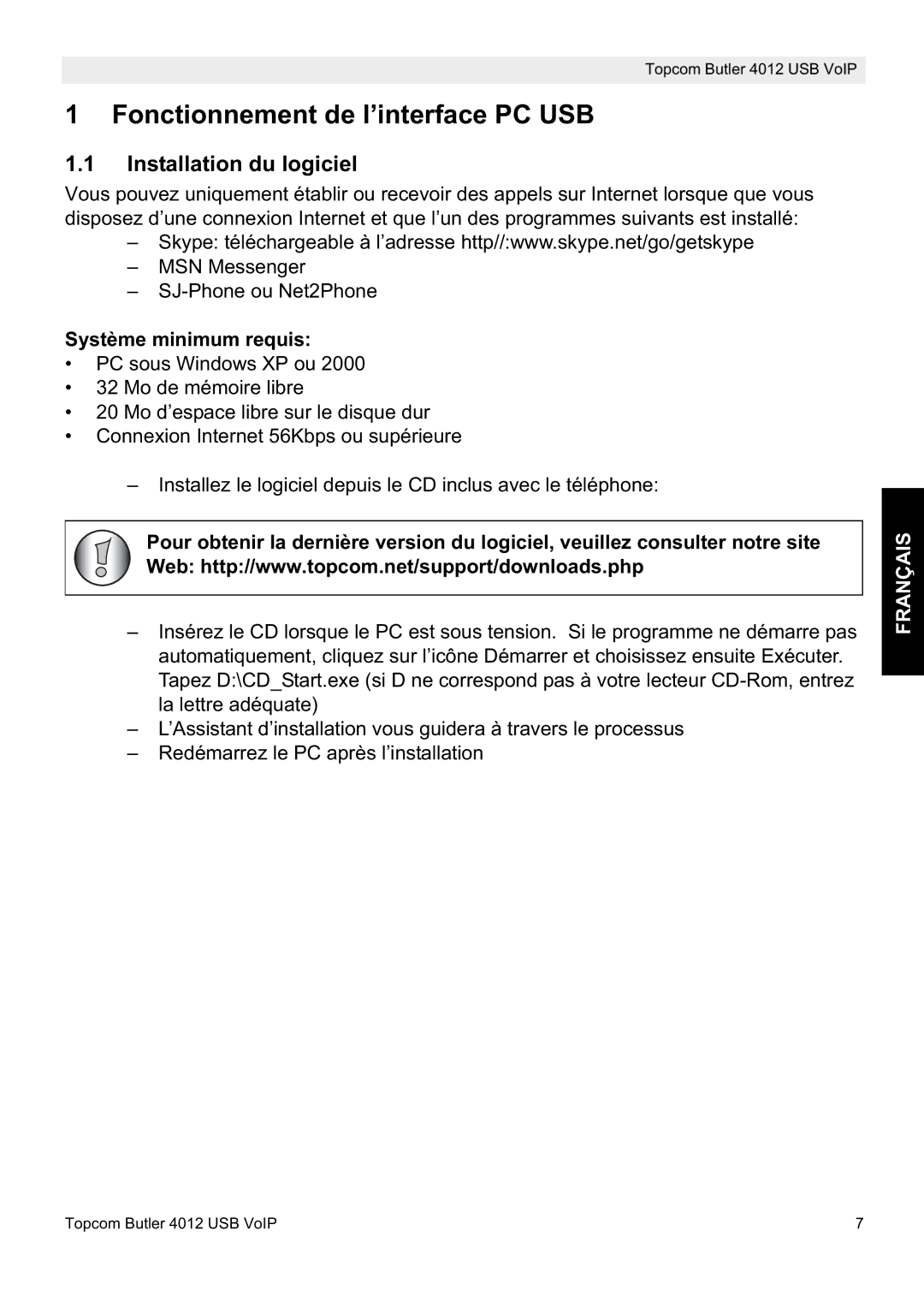 Topcom 4012 manual Fonctionnement de l’interface PC USB, Installation du logiciel, Système minimum requis, Français 