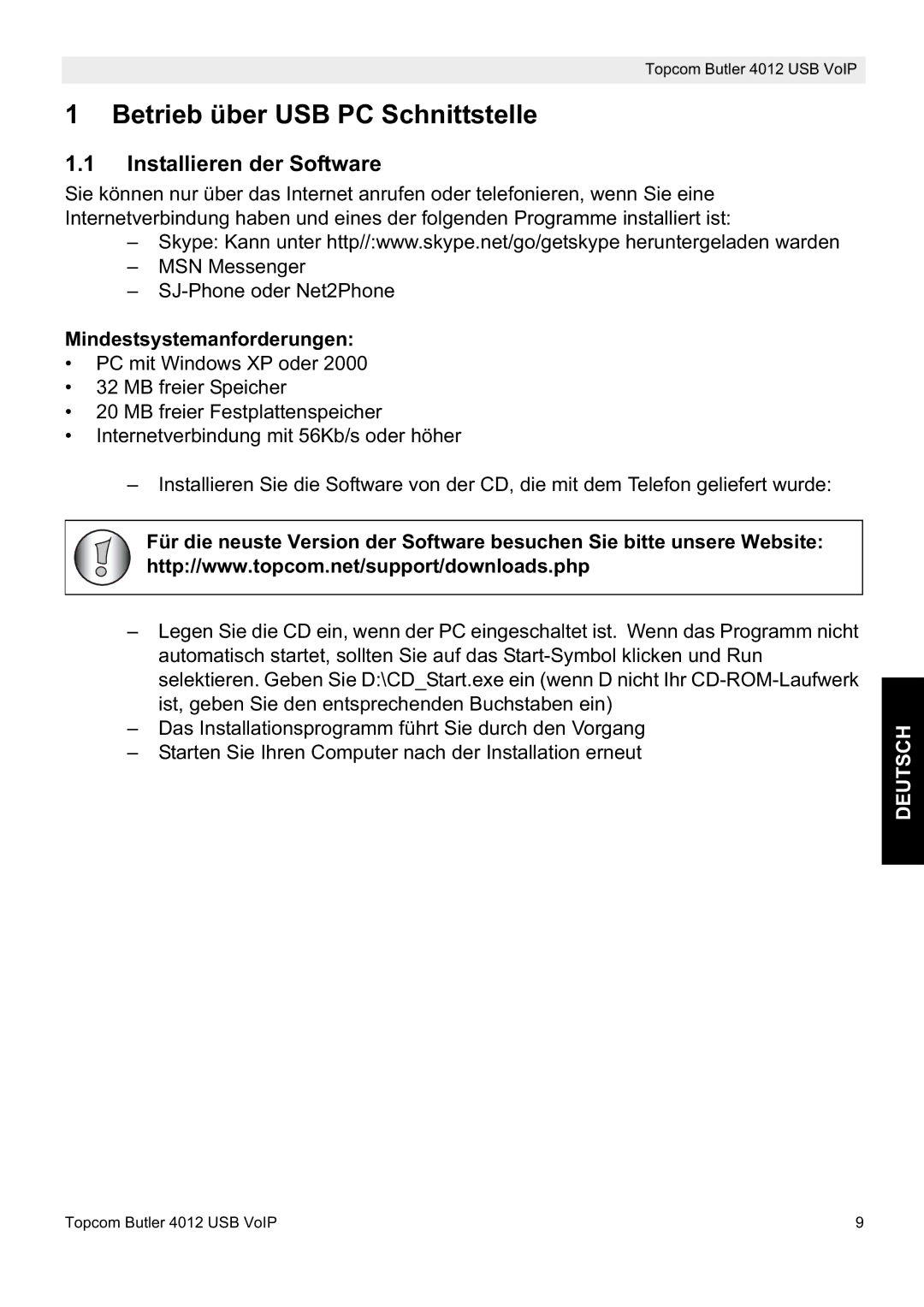 Topcom 4012 manual Betrieb über USB PC Schnittstelle, Installieren der Software, Mindestsystemanforderungen 