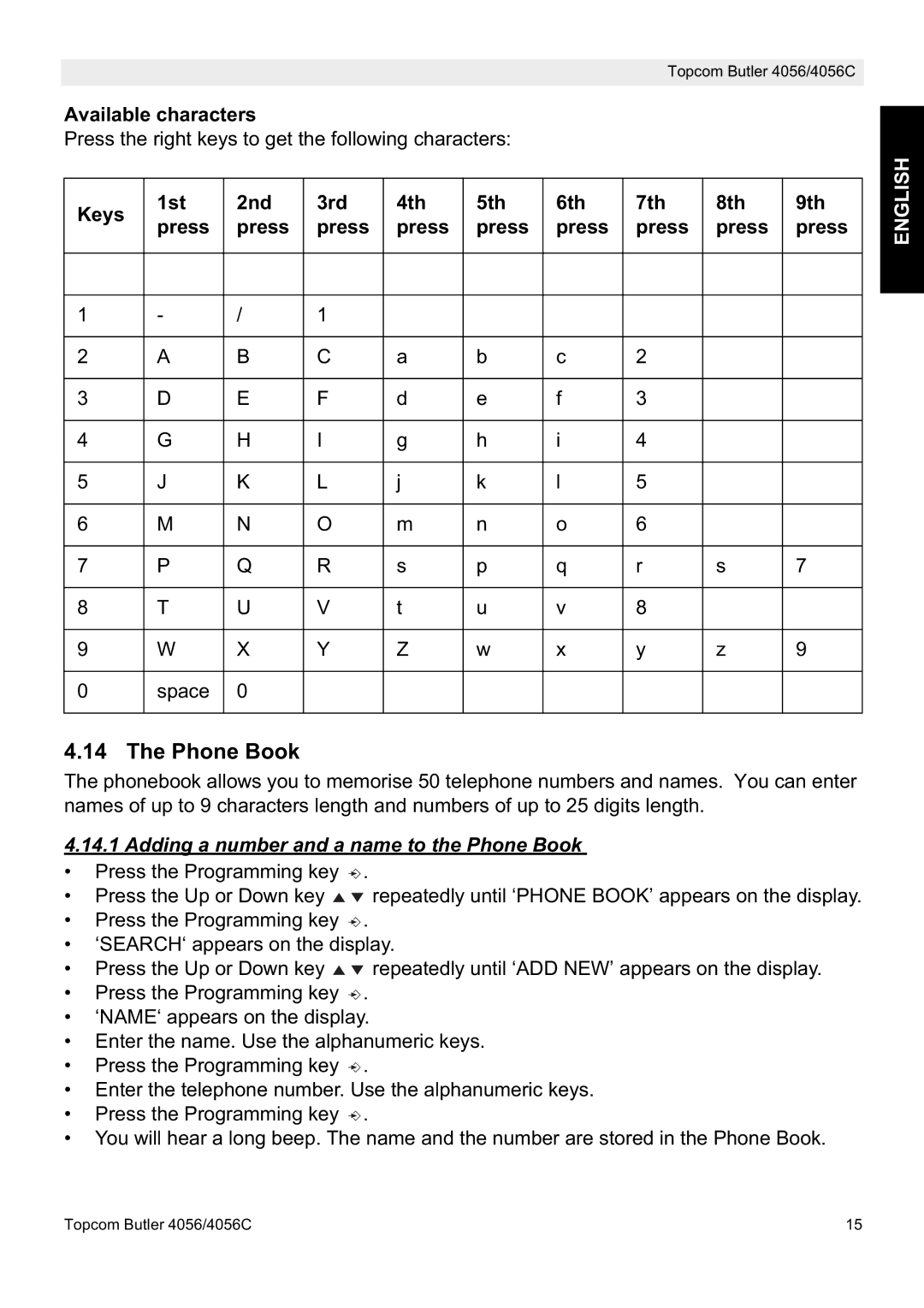 Topcom 4056C manual Phone Book, Available characters, Keys 1st 2nd 3rd 4th 5th 6th 7th 8th 9th Press 