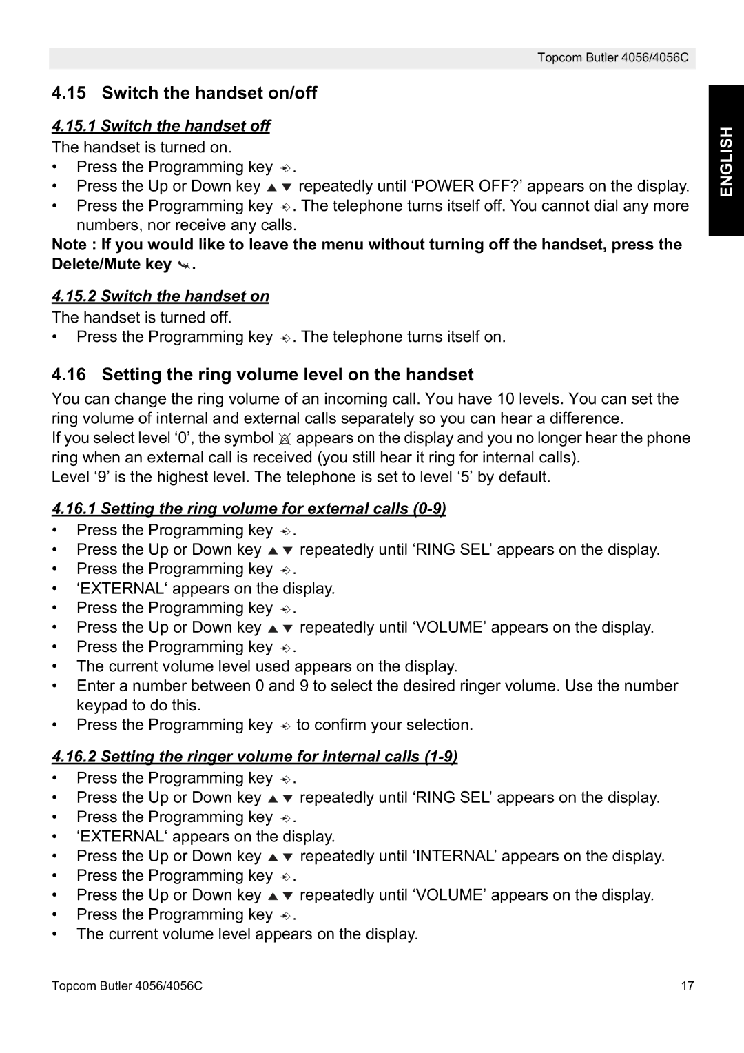 Topcom 4056C manual Switch the handset on/off, Setting the ring volume level on the handset 