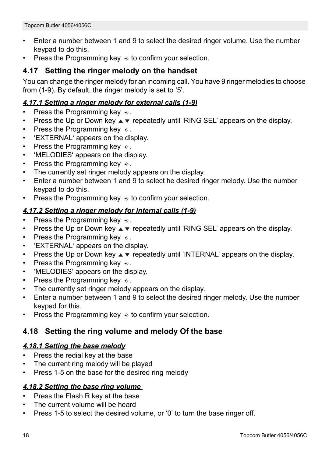 Topcom 4056C manual Setting the ringer melody on the handset, Setting the ring volume and melody Of the base 