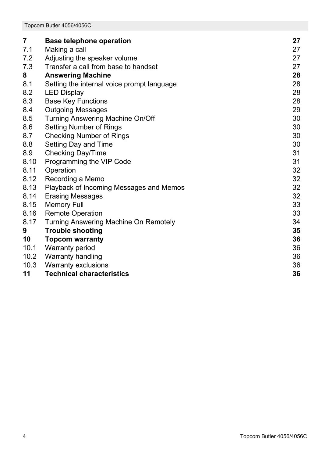 Topcom 4056C Base telephone operation, Answering Machine, Trouble shooting Topcom warranty, Technical characteristics 