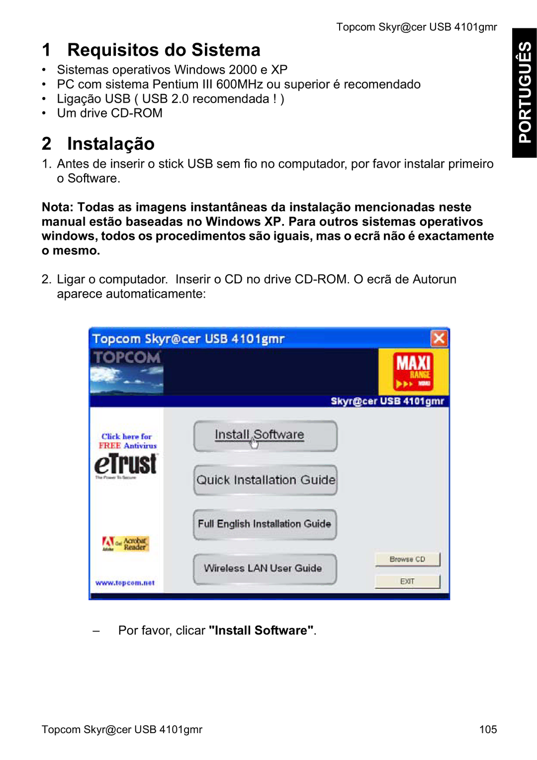 Topcom 4101GMR manual do utilizador Requisitos do Sistema, Instalação, Português 