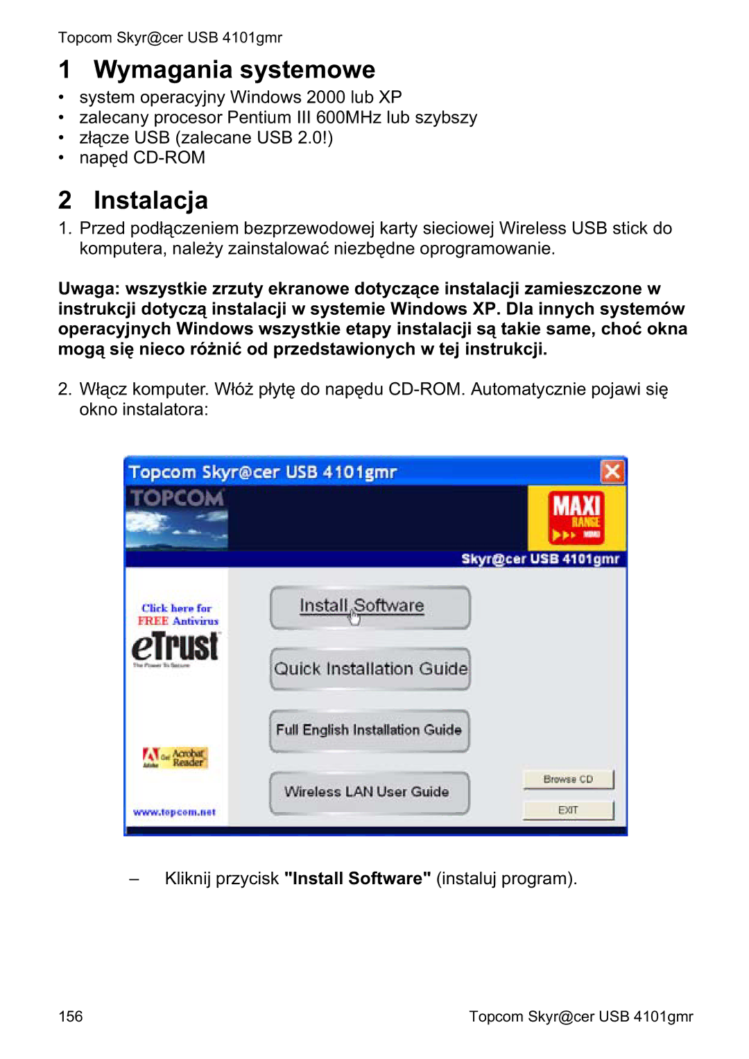 Topcom 4101GMR manual do utilizador Wymagania systemowe, Instalacja 