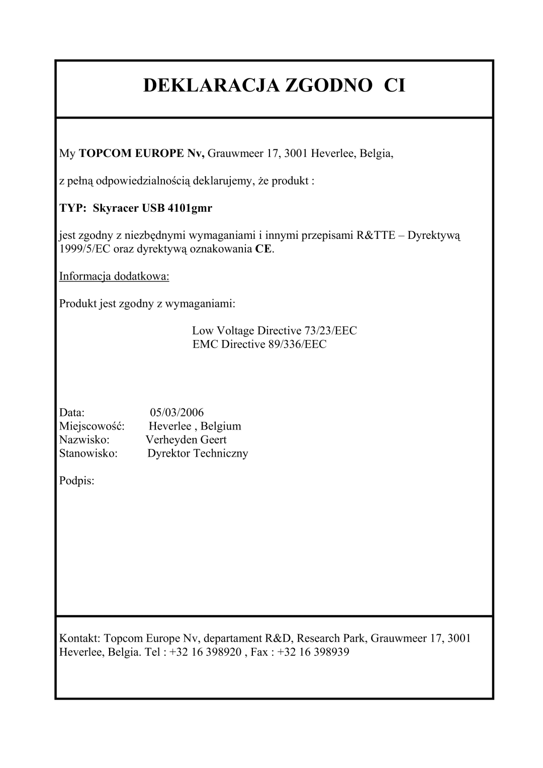 Topcom 4101GMR manual do utilizador Deklaracja ZGODNOĝCI 