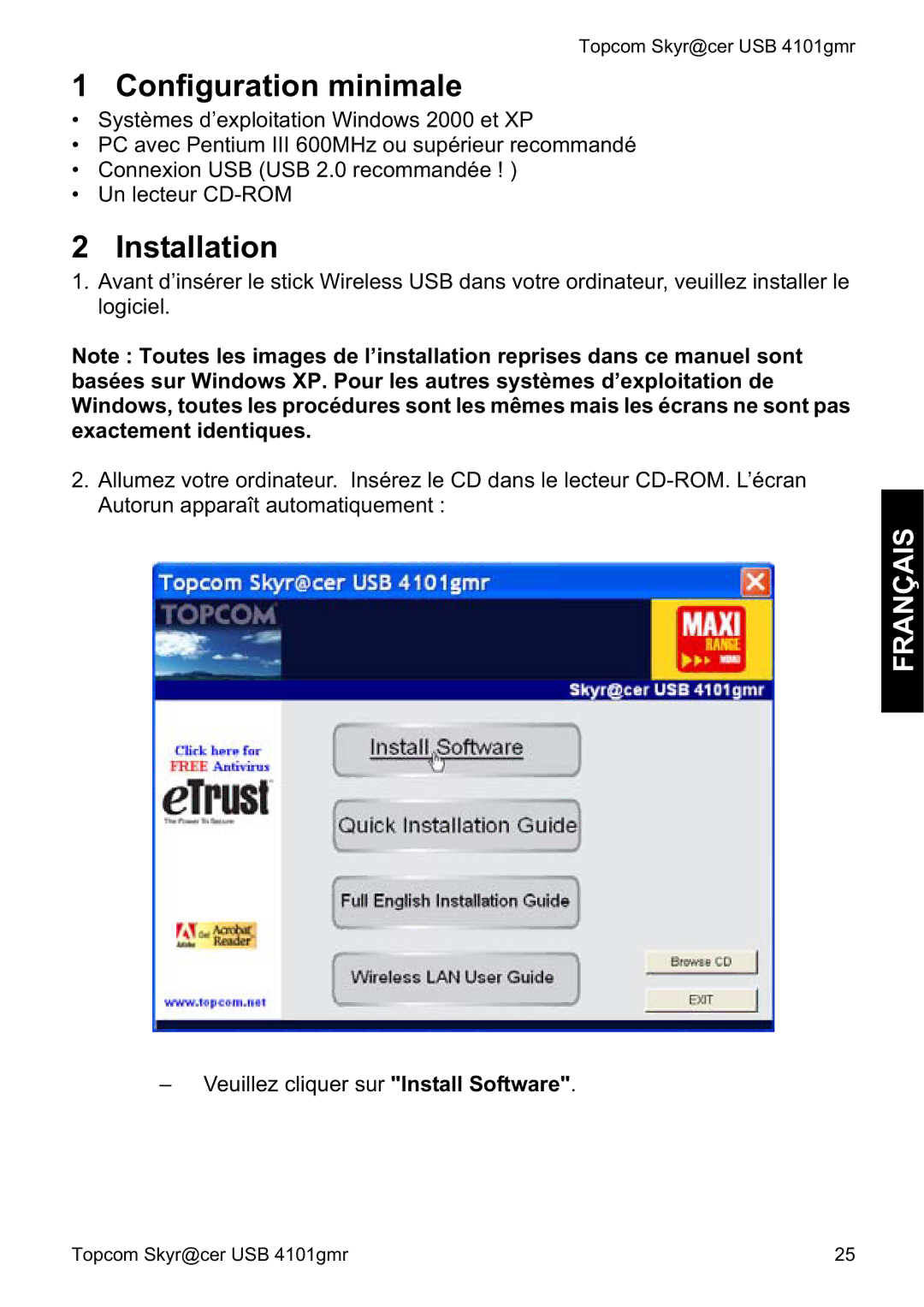 Topcom 4101GMR manual do utilizador Configuration minimale, Français 