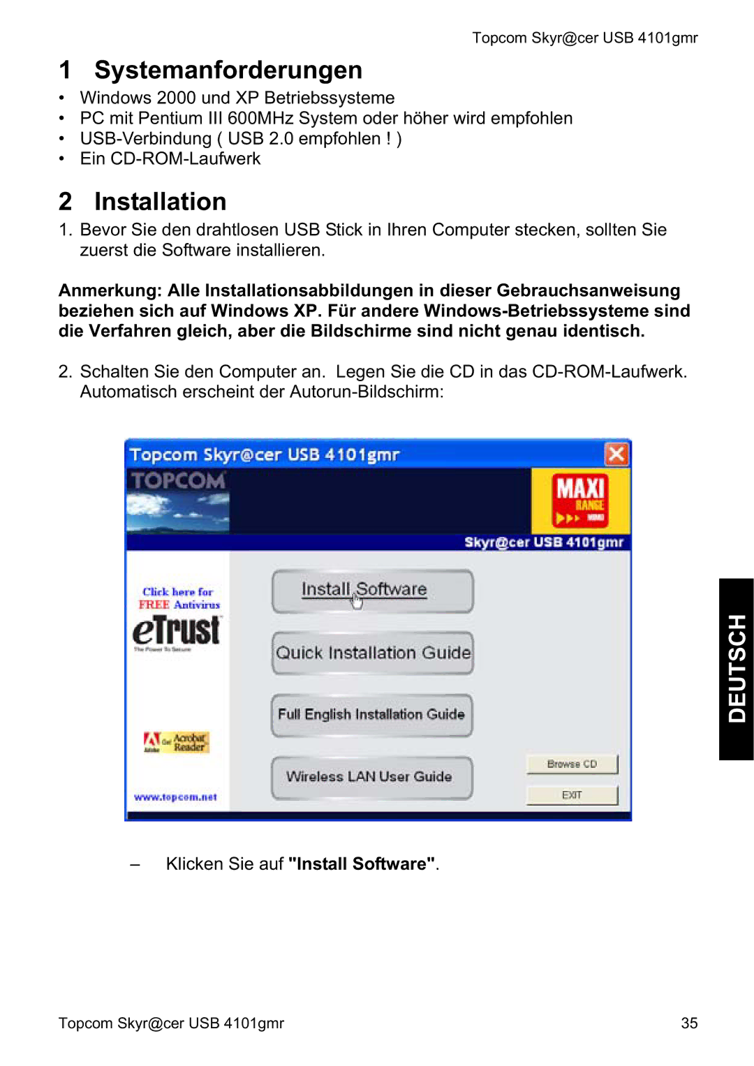 Topcom 4101GMR manual do utilizador Systemanforderungen, Deutsch 