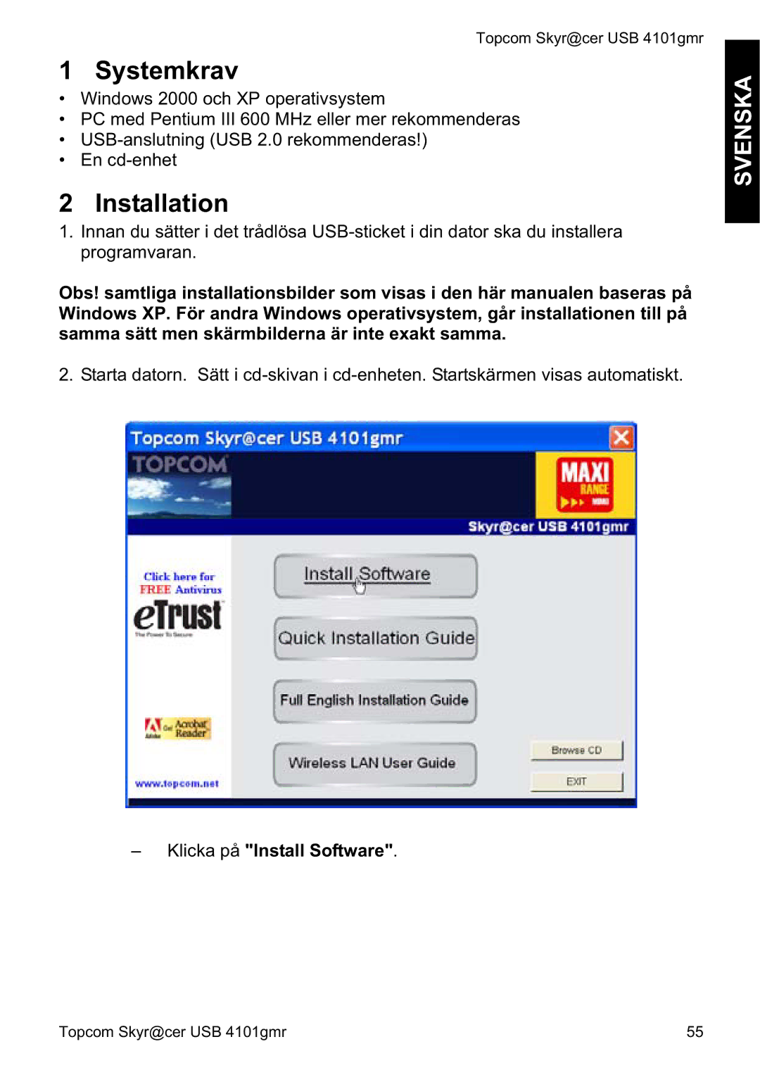 Topcom 4101GMR manual do utilizador Systemkrav, Svenska 