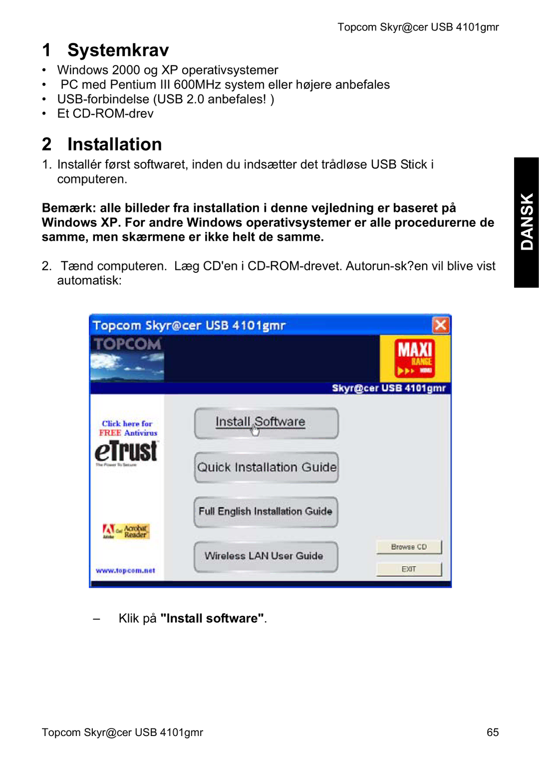 Topcom 4101GMR manual do utilizador Systemkrav, Dansk 