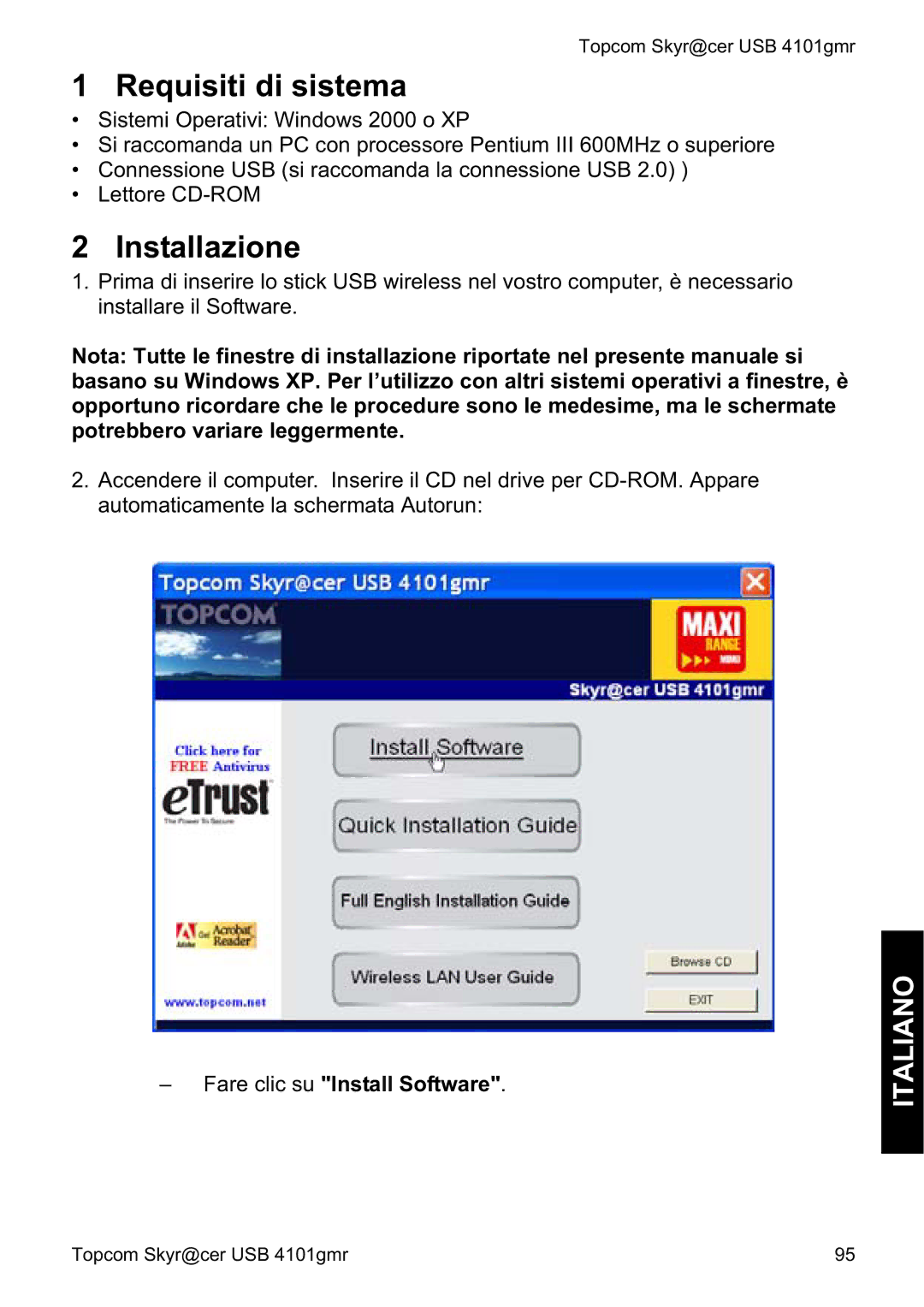 Topcom 4101GMR manual do utilizador Requisiti di sistema, Installazione, Italiano 