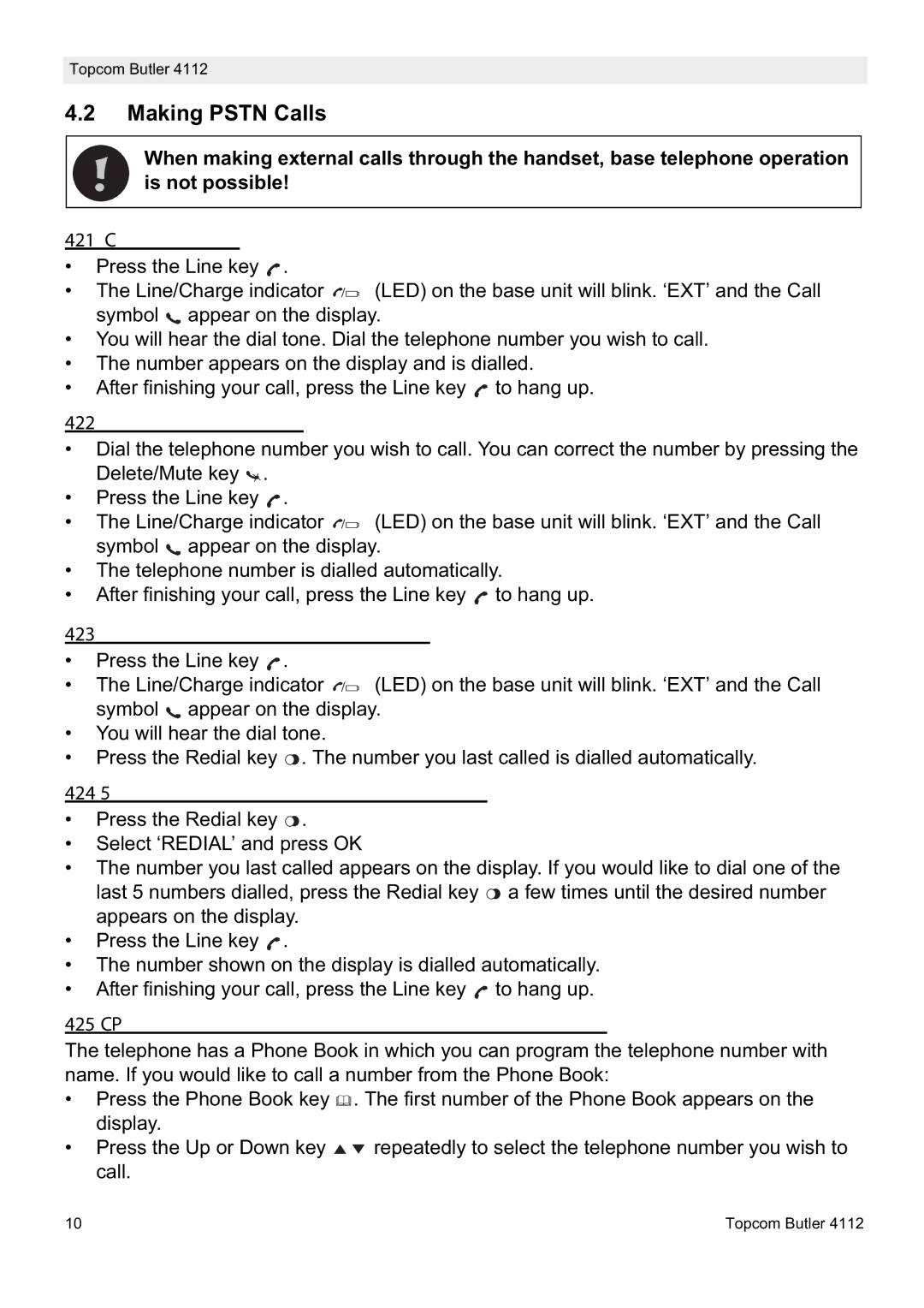Topcom 4112 manual Making Pstn Calls 