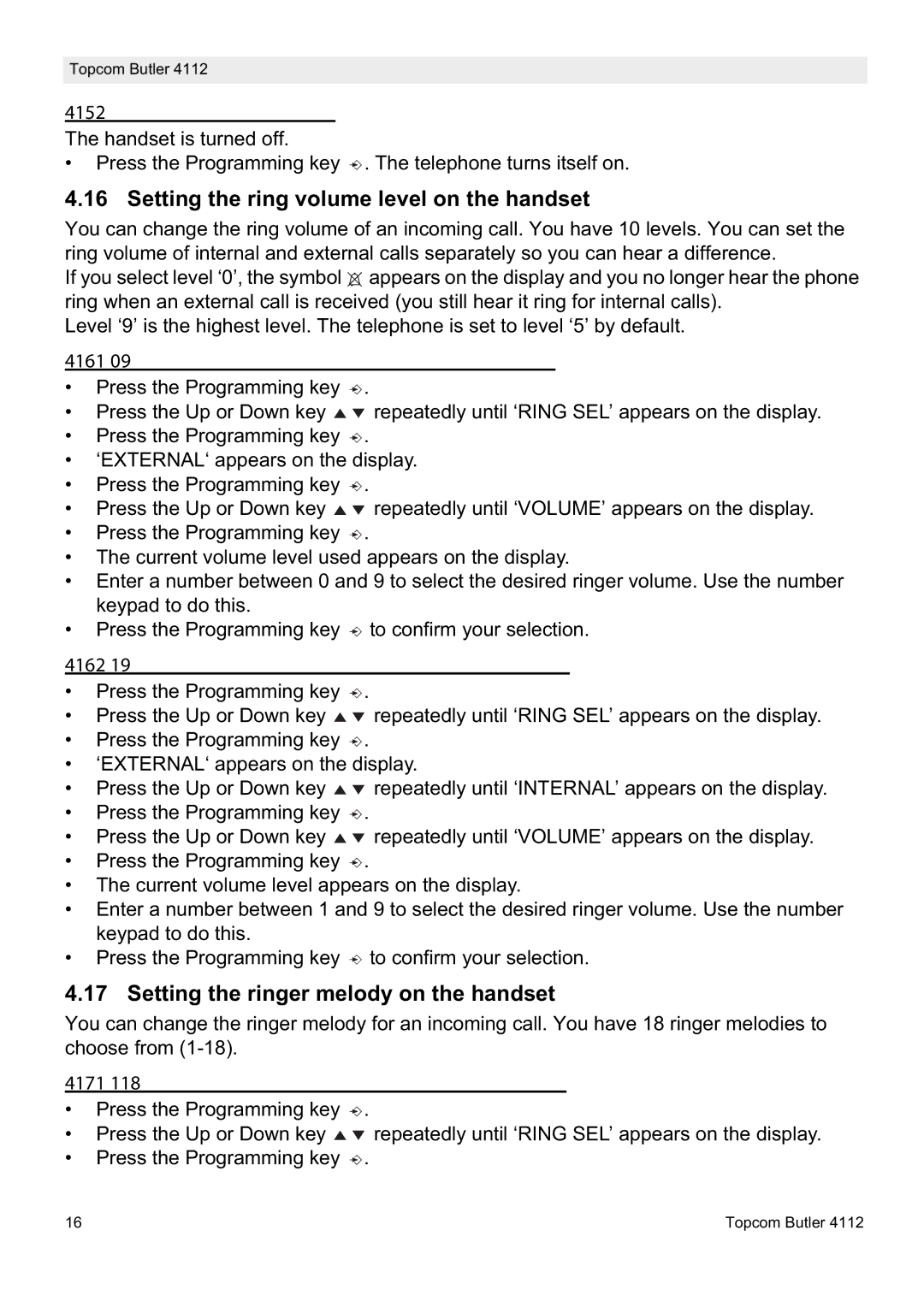 Topcom 4112 manual Setting the ring volume level on the handset, Setting the ringer melody on the handset 