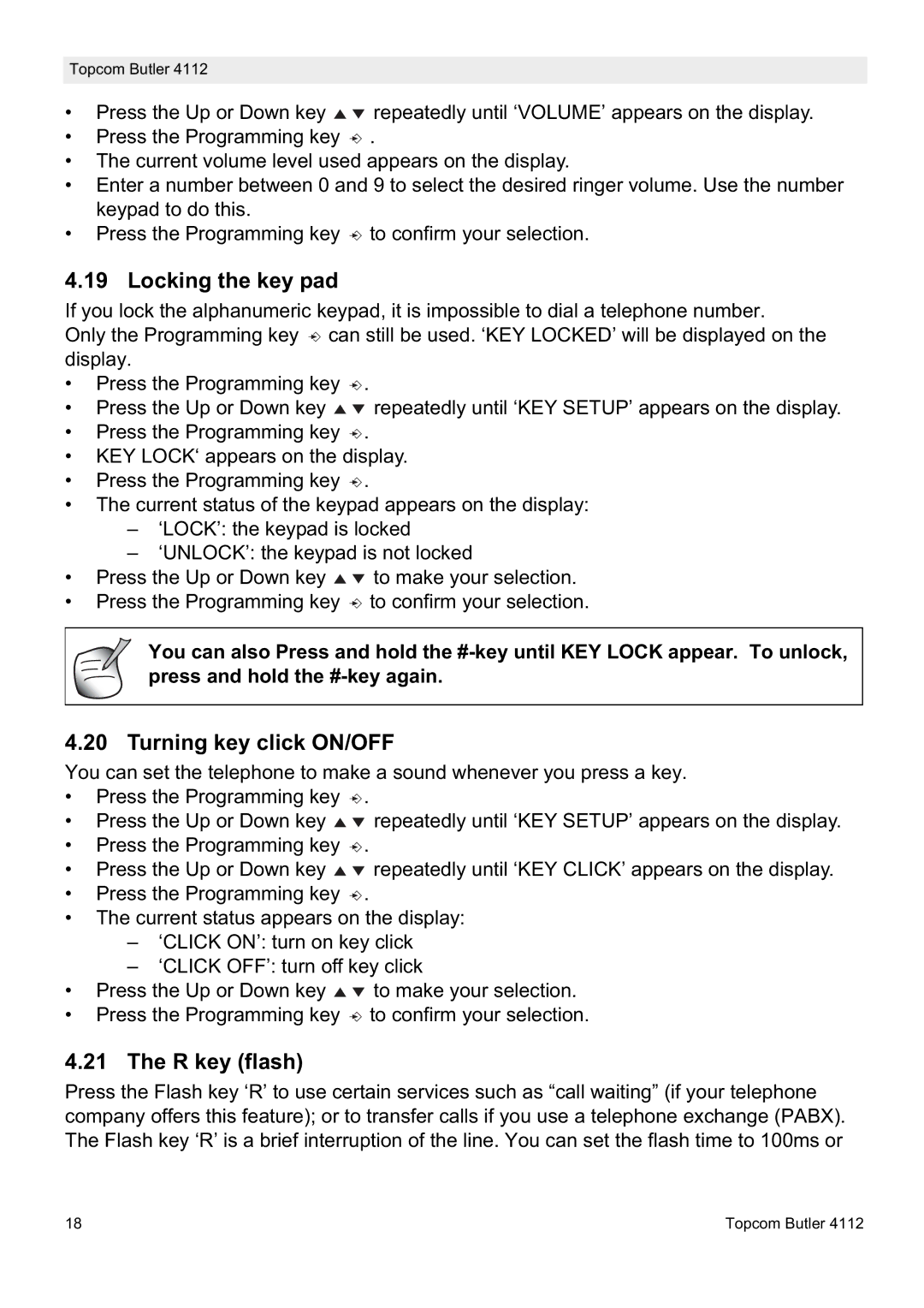 Topcom 4112 manual Locking the key pad, Turning key click ON/OFF, R key flash 