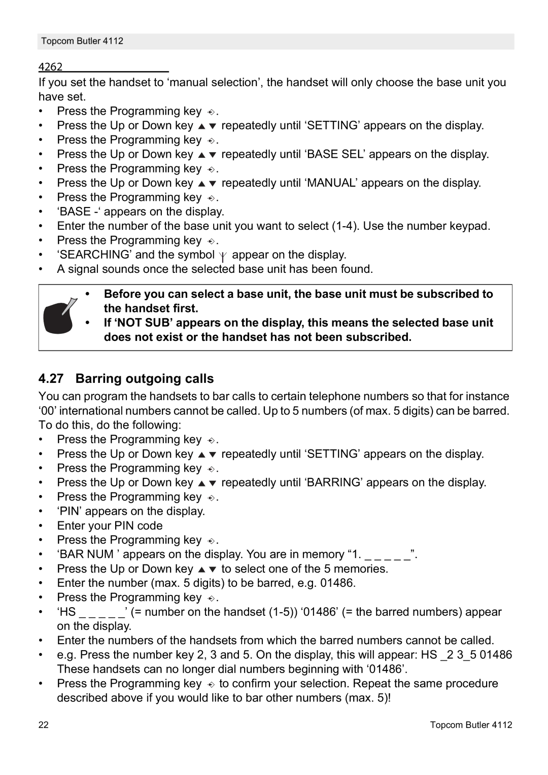 Topcom 4112 manual Barring outgoing calls, Manual selection 