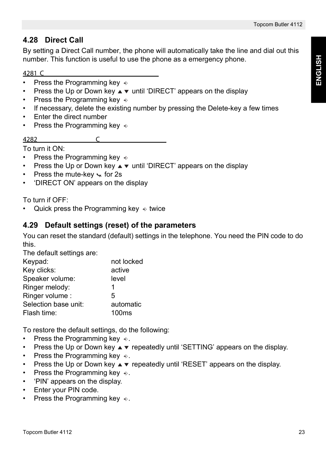 Topcom 4112 manual Default settings reset of the parameters, To program the Direct Call number 