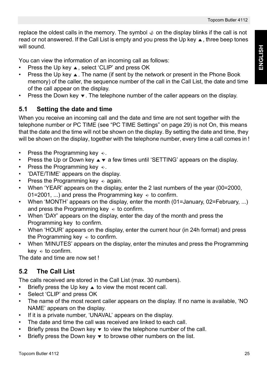 Topcom 4112 manual Setting the date and time, Call List 