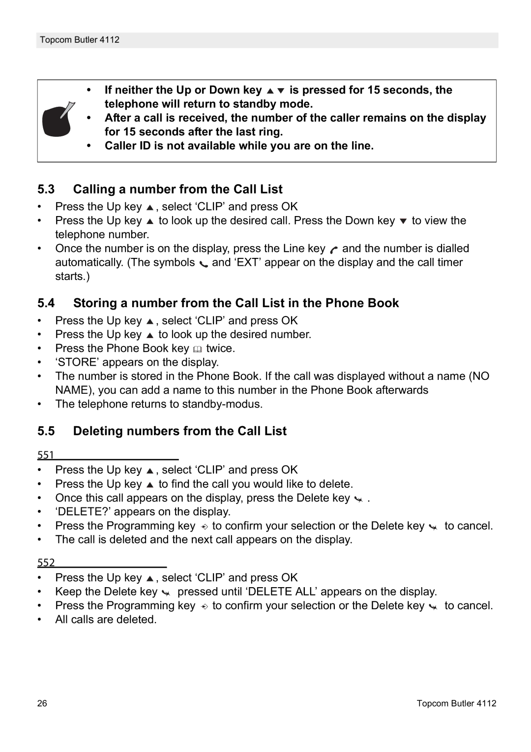 Topcom 4112 Calling a number from the Call List, Storing a number from the Call List in the Phone Book, Delete all numbers 