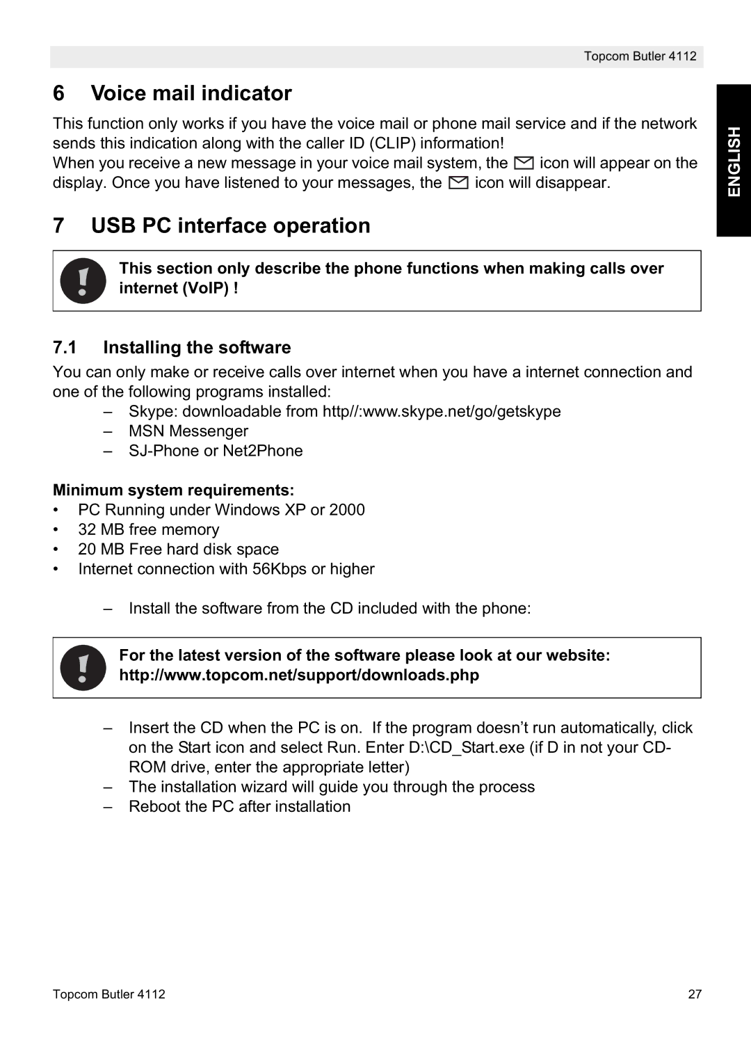 Topcom 4112 manual Voice mail indicator, USB PC interface operation, Installing the software, Minimum system requirements 