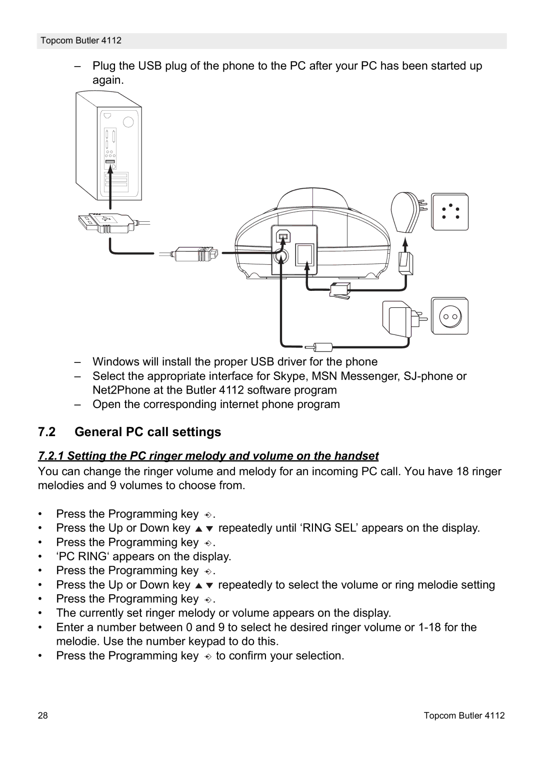 Topcom 4112 manual General PC call settings, Setting the PC ringer melody and volume on the handset 