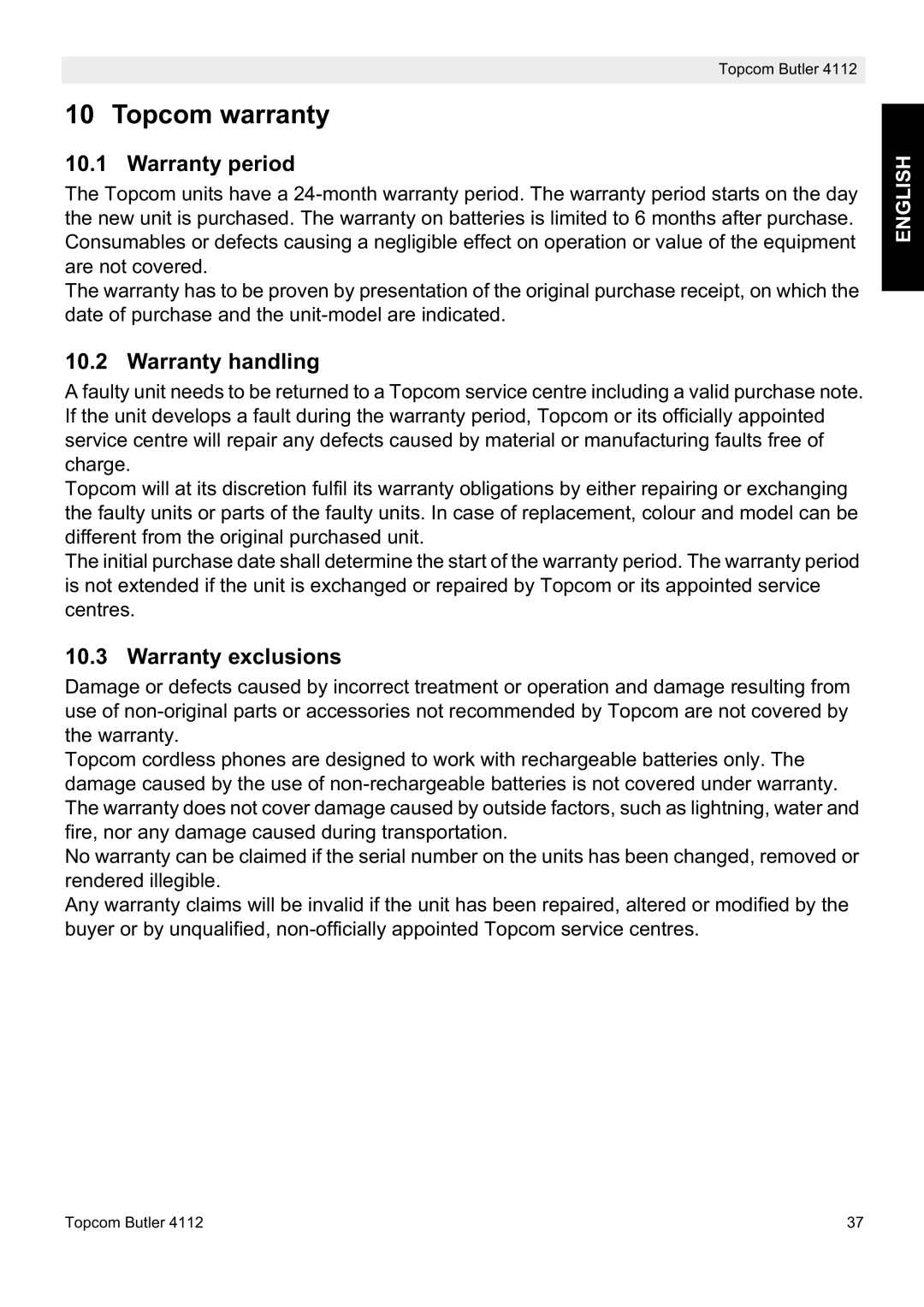 Topcom 4112 manual Topcom warranty, Warranty period, Warranty handling, Warranty exclusions 