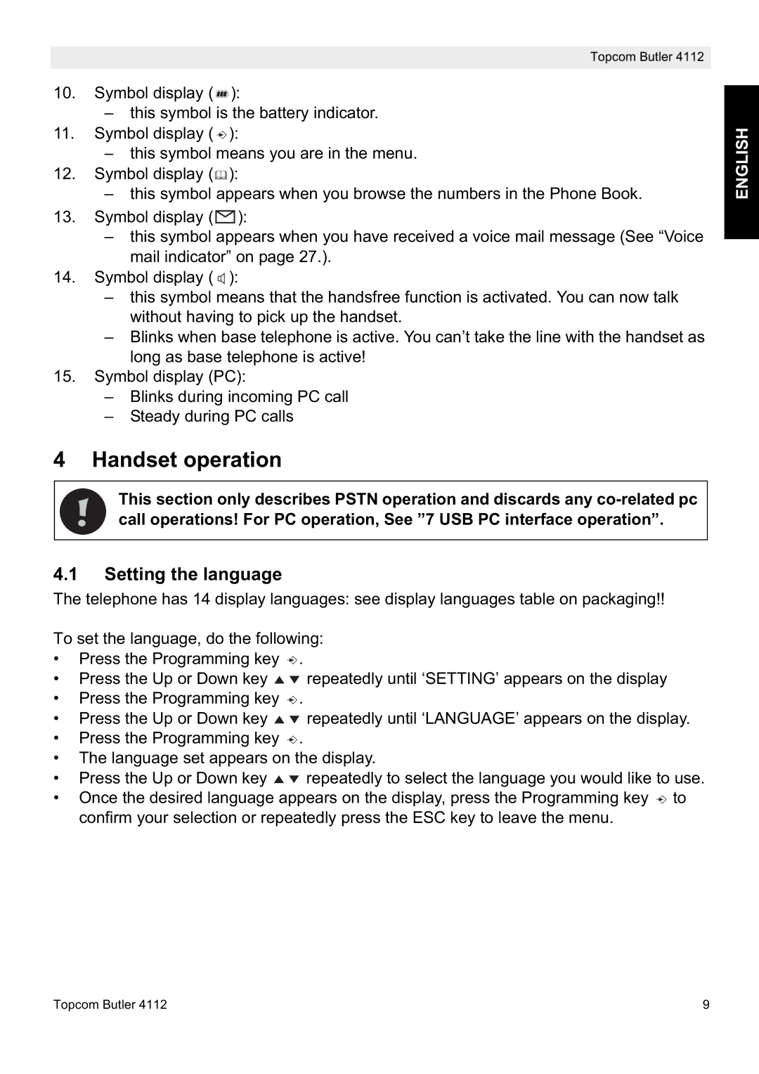 Topcom 4112 manual Handset operation, Setting the language 