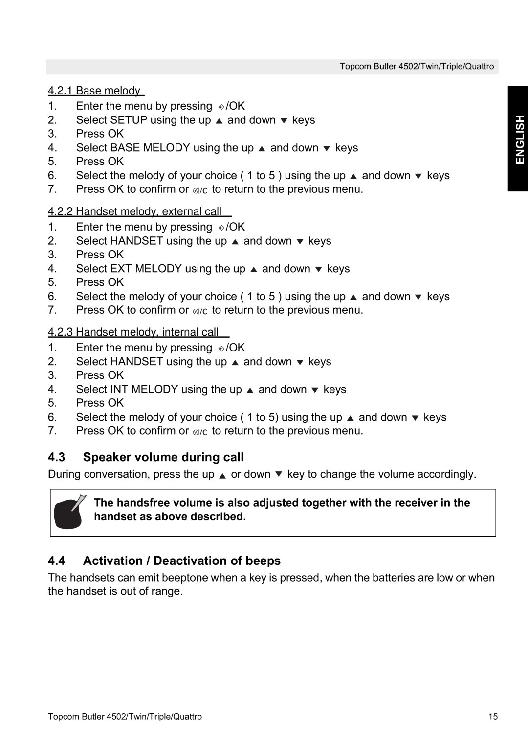 Topcom 4502 Speaker volume during call, Activation / Deactivation of beeps, Base melody, Handset melody, external call 