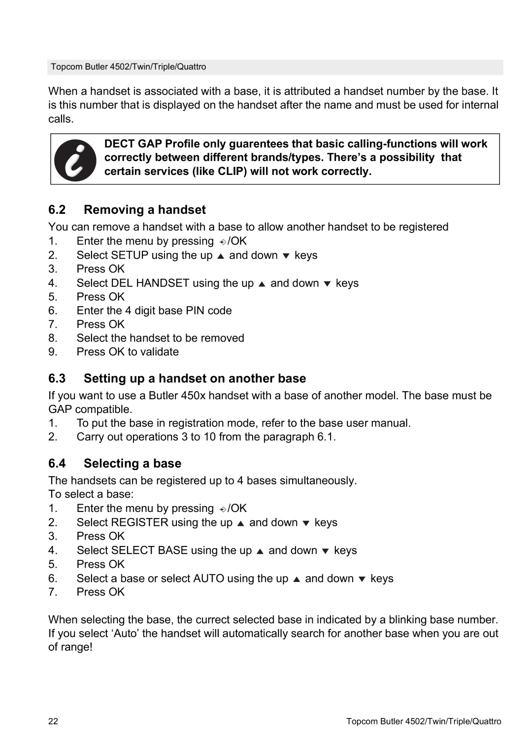 Topcom 4502 manual Removing a handset, Setting up a handset on another base, Selecting a base 