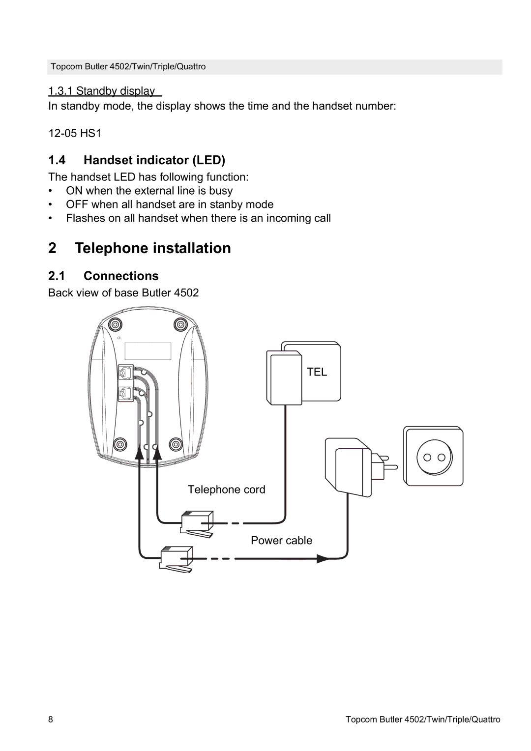 Topcom 4502 manual Telephone installation, Handset indicator LED, Connections, Standby display 