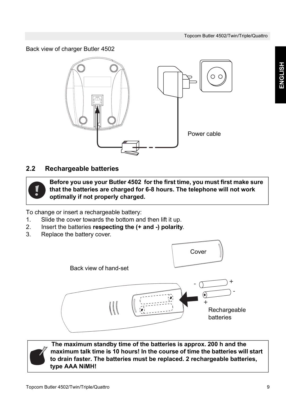 Topcom 4502 manual Rechargeable batteries 