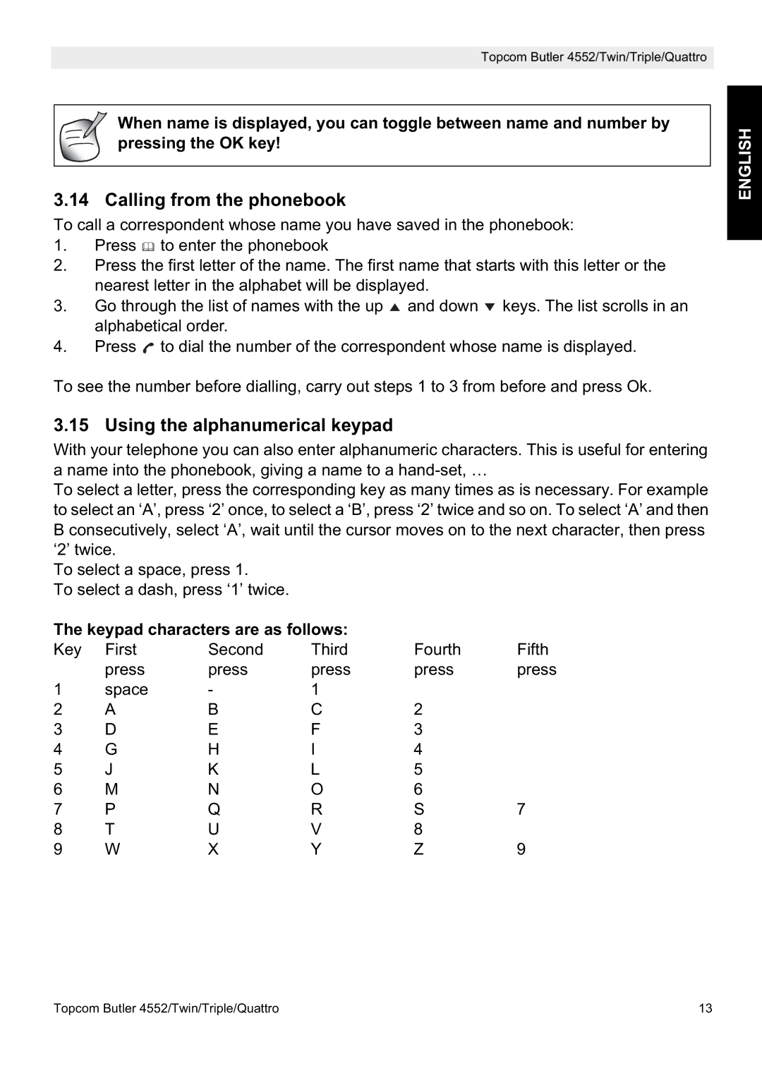 Topcom 4552 manual Calling from the phonebook, Using the alphanumerical keypad, Keypad characters are as follows 