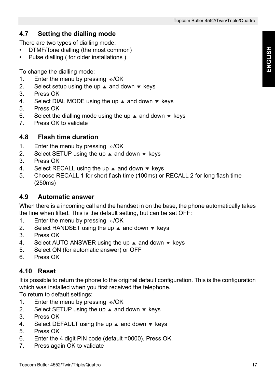 Topcom 4552 manual Setting the dialling mode, Flash time duration, Automatic answer, Reset 