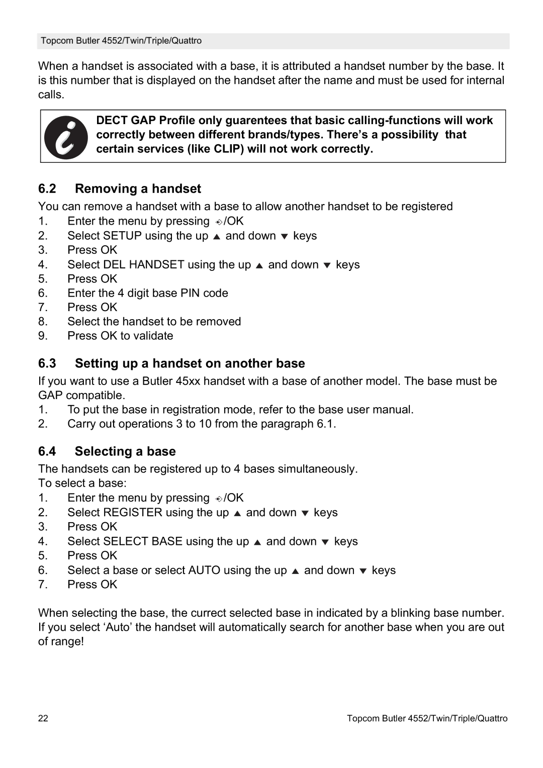 Topcom 4552 manual Removing a handset, Setting up a handset on another base, Selecting a base 