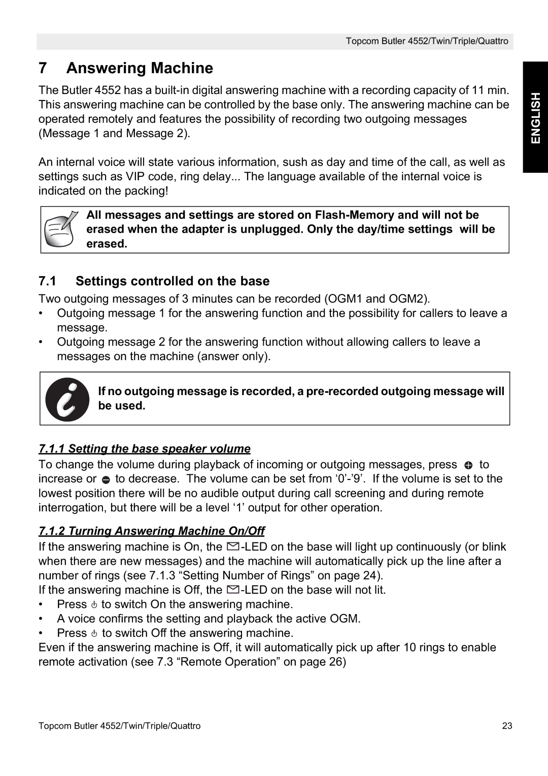 Topcom 4552 manual Answering Machine, Settings controlled on the base, Setting the base speaker volume 