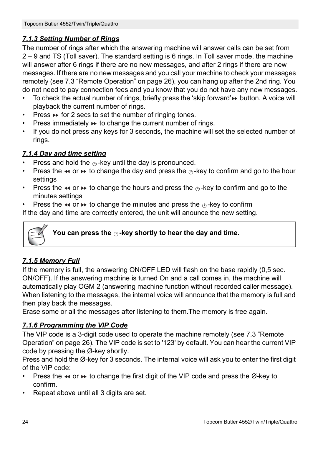 Topcom 4552 manual Setting Number of Rings, Day and time setting, You can press the -key shortly to hear the day and time 