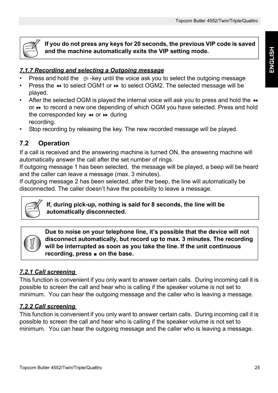 Topcom 4552 manual Operation, Recording and selecting a Outgoing message, Call screening 