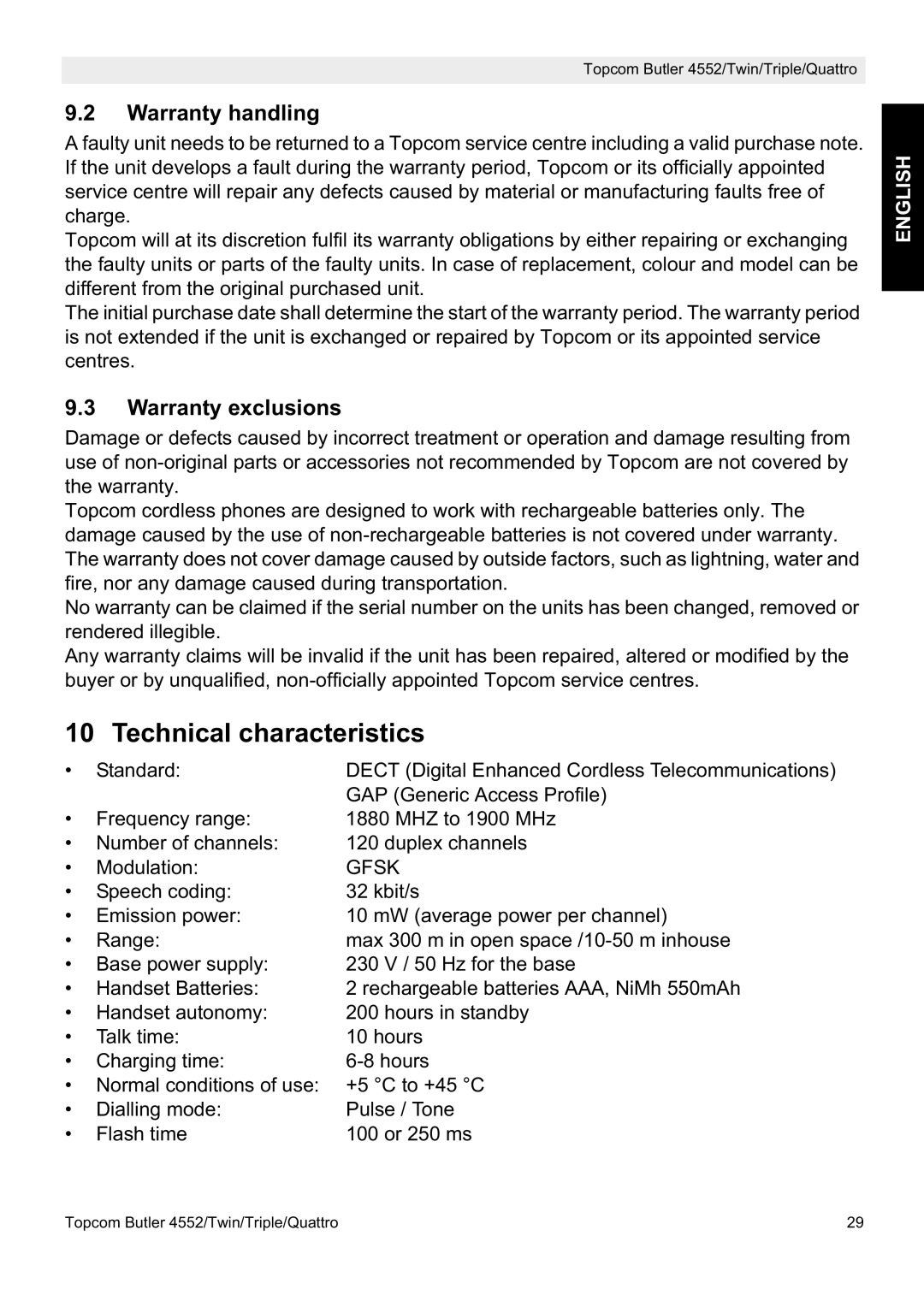 Topcom 4552 manual Technical characteristics, Warranty handling, Warranty exclusions 