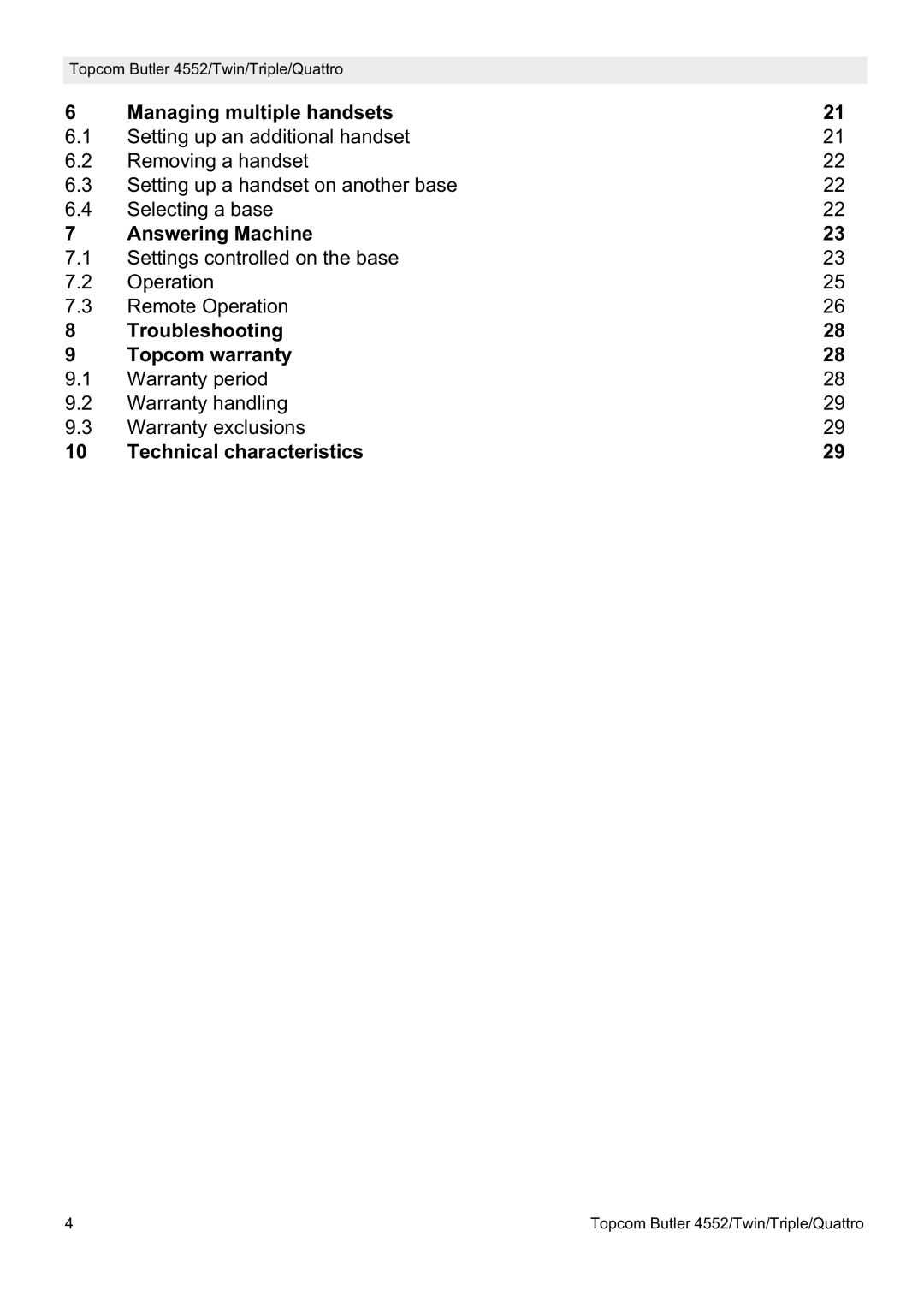 Topcom 4552 Managing multiple handsets, Answering Machine, Troubleshooting Topcom warranty, Technical characteristics 