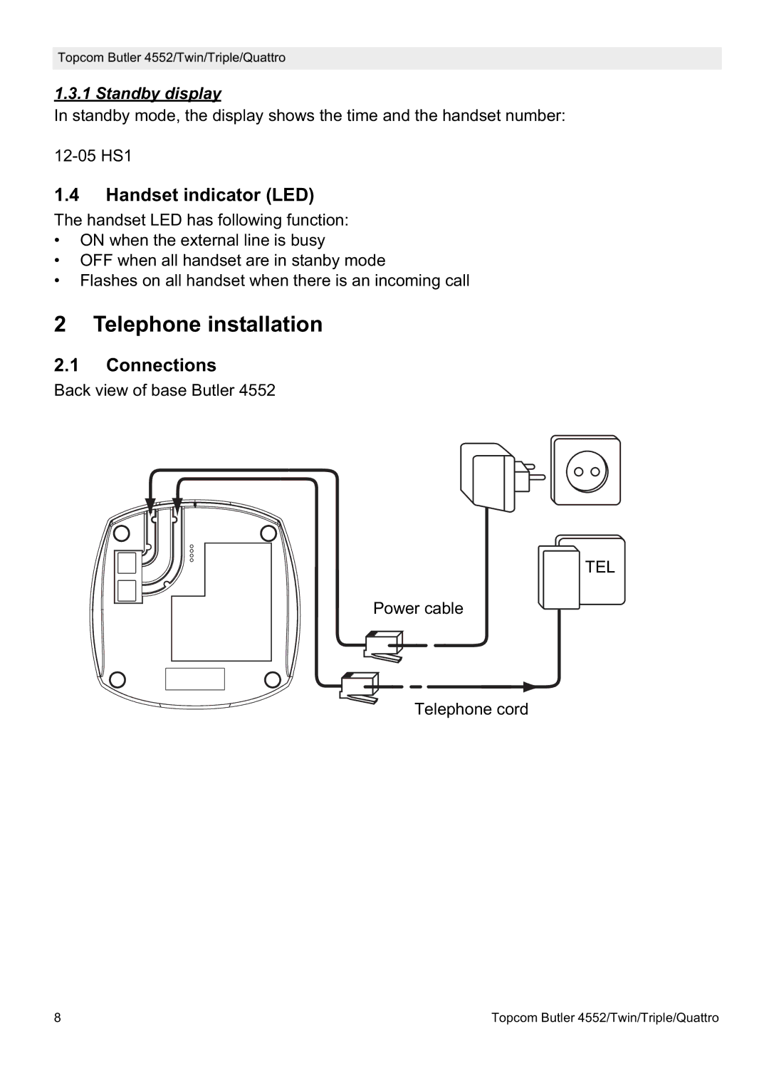 Topcom 4552 manual Telephone installation, Handset indicator LED, Connections, Standby display 