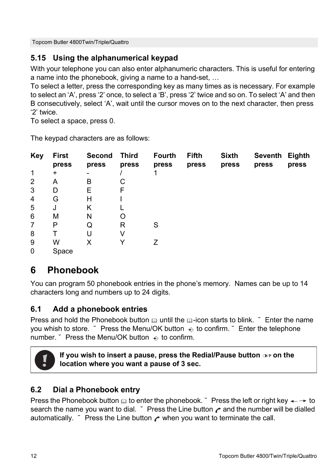 Topcom 4800 manual Using the alphanumerical keypad, Add a phonebook entries, Dial a Phonebook entry 