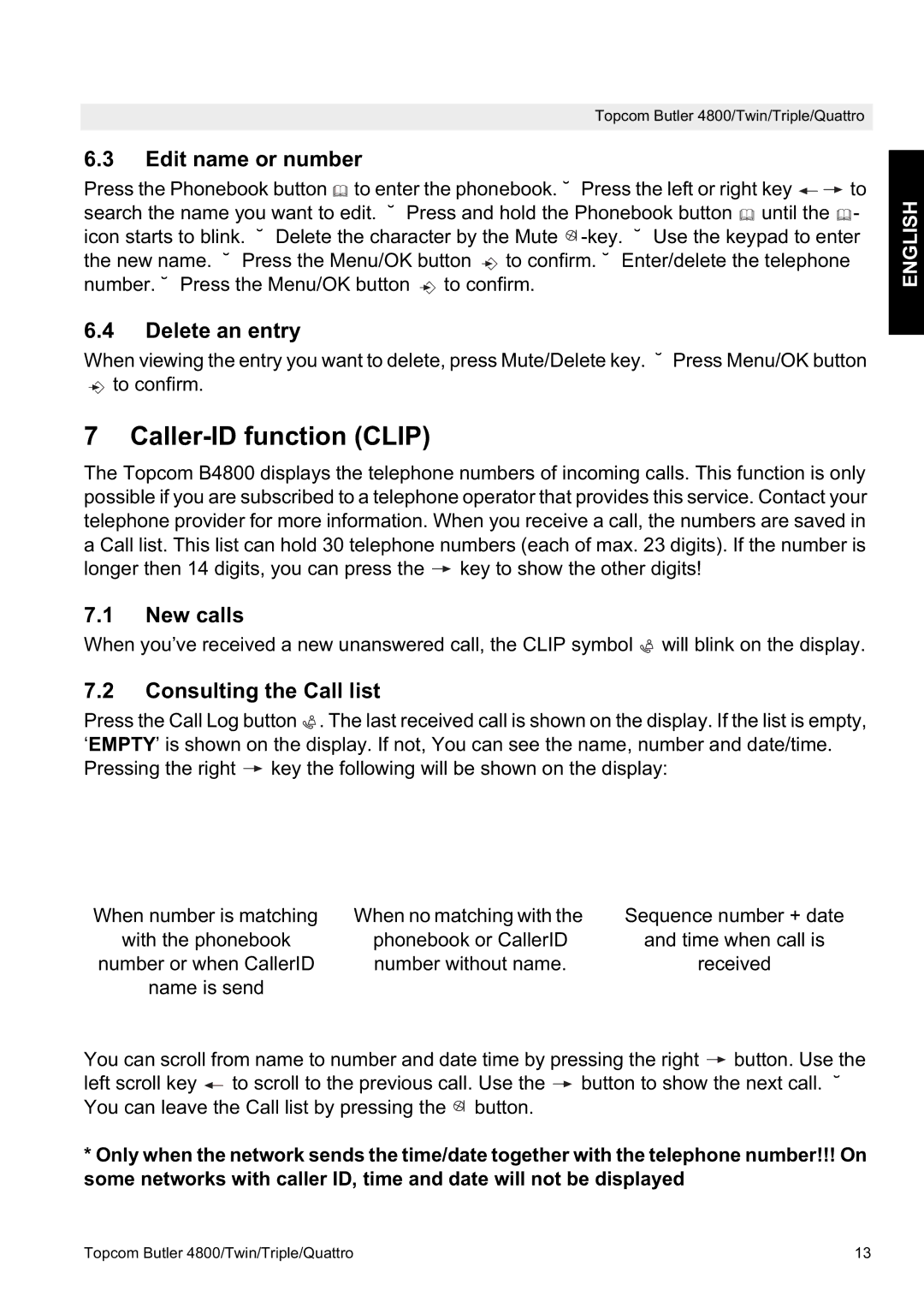 Topcom 4800 manual Caller-ID function Clip, Edit name or number, Delete an entry, New calls, Consulting the Call list 