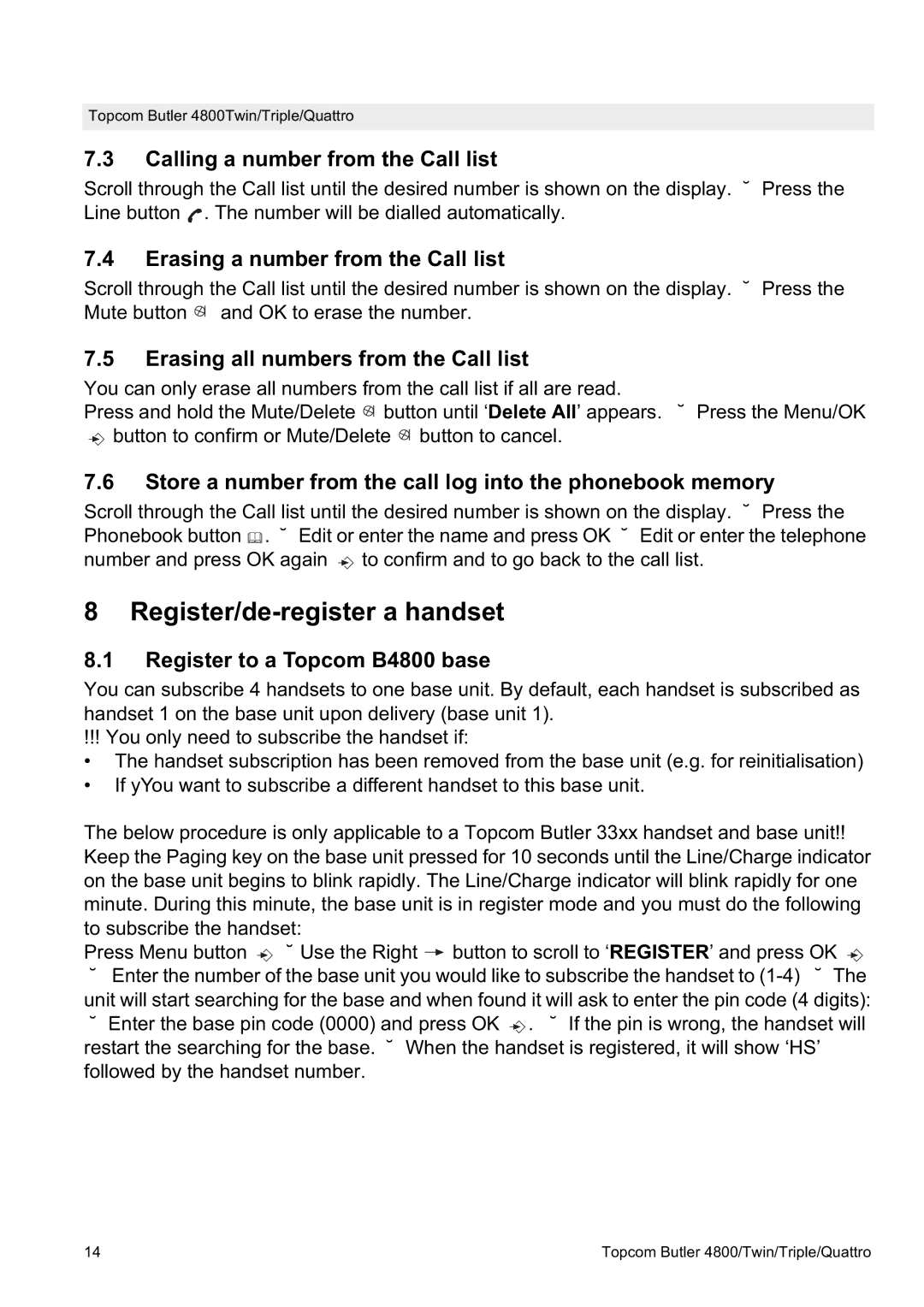 Topcom 4800 manual Register/de-register a handset 